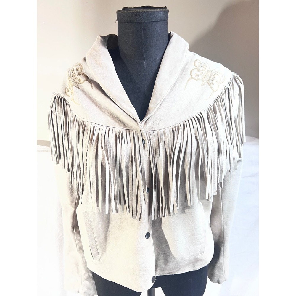Vintage Western Faux Suede Fringe Jacket Butterfly Embroidery Tan Size 42
